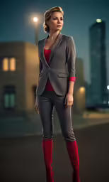 a woman is standing on the street wearing a suit and red boots
