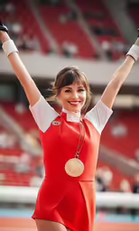 female athlete dressed up in red and white