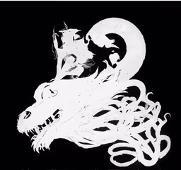 the black and white logo is for the black swan brewery,an art work of a dragon with the words death and the maiden written in white