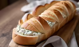long loaf of fresh artisan bread with blue cheese