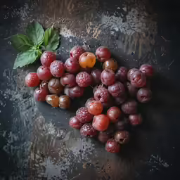 grapes with green leaves on top are laid out
