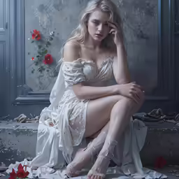 a young woman wearing sheer stockings and garter sits in a white dress