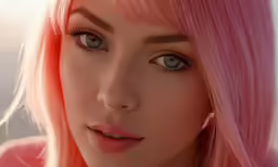 a woman with pink hair wearing jewelry and posing for a picture