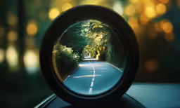 a side view mirror reflecting a road and trees