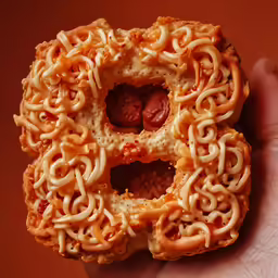 a hand is holding a pretzel with an oatmeal pattern and sausage on it
