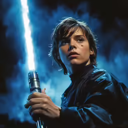 a woman is holding up a light saber