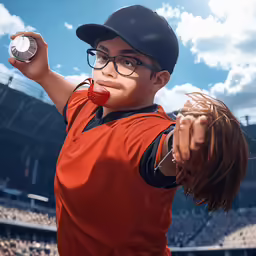 an animated cartoon boy with eyeglasses holding a baseball glove