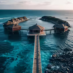 the water is crystal blue next to some wooden shacks