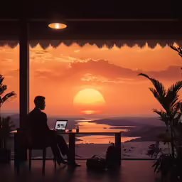 the person is sitting alone with their laptop at sunset