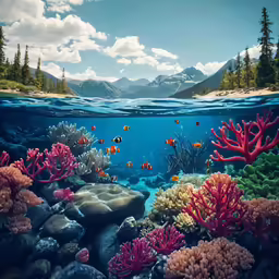 a beautiful and colorful coral reef in a mountainous area