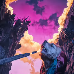 a wolf in front of a giant purple sky