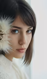 the woman is wearing a white sweater and holding a white flower in her hair