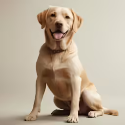 a yellow dog sitting down with its tongue out
