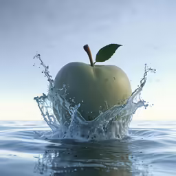 an apple splashing through the water with a leaf on it