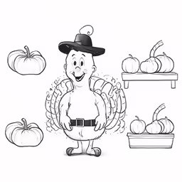 the cartoon turkey in front of a shelf of thanksgiving fruits and vegetables