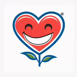 the smiling red heart with two green leaves on it