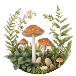 a group of mushrooms and plants in a circle