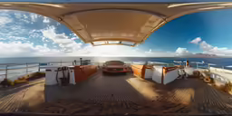some cars parked on the road next to a beach