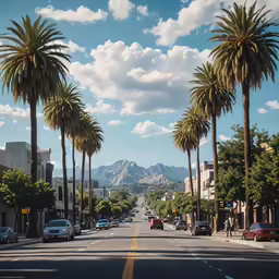 the view of palm trees lining the streets of an upscale town