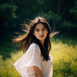 a beautiful woman with long hair in a field