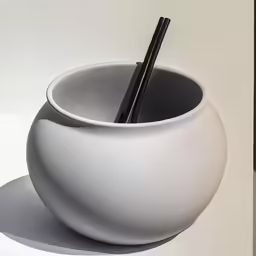 the small bowl with two chopsticks has a black lid