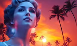 a woman stands on the beach with palm trees in the background