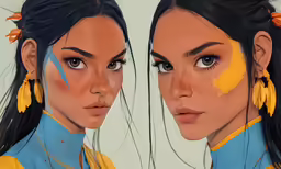 two women with yellow and blue painted on their bodies