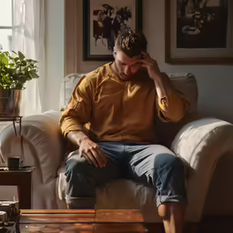 a man sitting in a chair looking down on his head