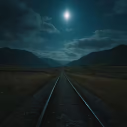 the view of a train track at night