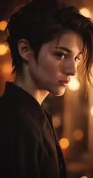 a beautiful woman with dark hair and black dress standing in front of bright lights