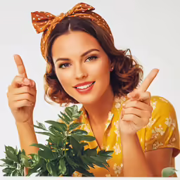 a woman giving the middle finger sign and holding a potted plant