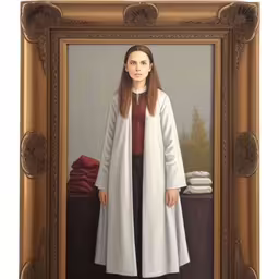 a painting of a girl standing in front of a table with books