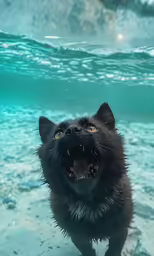 a cat is swimming in the sea and he is growling