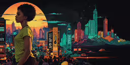 an art print featuring a woman with dark skin and afros,an image of woman looking at night in neon city