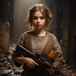 a young girl in uniform holds a toy gun