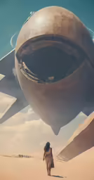 a woman is walking through the desert by a big flying object
