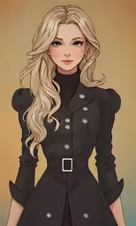 the girl in a black dress is standing with long blonde hair