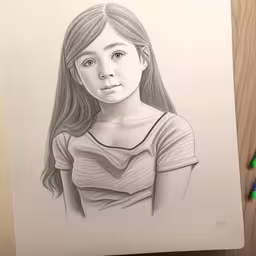 a girl is in a pencil drawing on paper,a drawing of a girl looking up