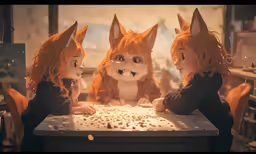 three dolls sitting around a table with some food on it