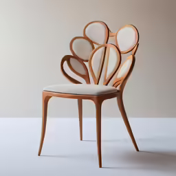 a chair with curved backrests and a white cushion