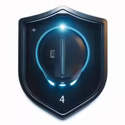 a blue button on the side of a shield