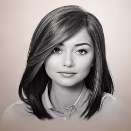 a young lady with long hair in black and white