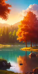 a painting of trees reflecting in the water,a colorful autumn sunset with trees, water and stones
