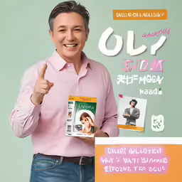 the older man is holding a book and showing a thumbs up