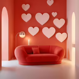 a living room with a sofa and white hearts on the wall