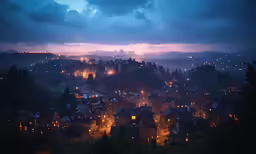 the city lights shining in the night, overlooking some hills