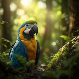 an parrot standing in the middle of a forest