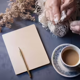two hands holding something in front of a coffee mug
