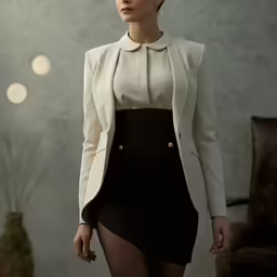 the young lady in the skirt is looking down