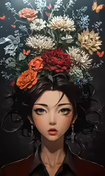 a woman with flowers in her head